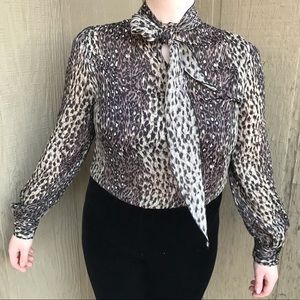 80s Leopard Animal Print Blouse Vintage Scarf Neck